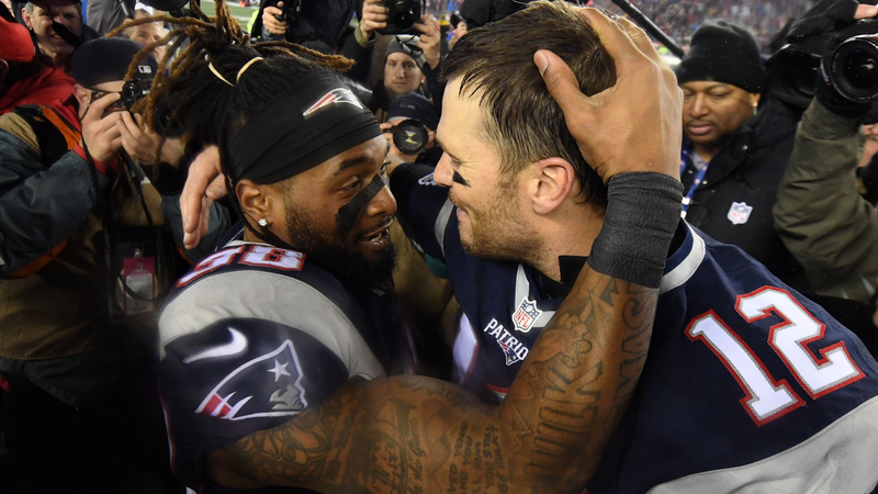 New England Patriots running back Brandon Bolden and Tampa Bay Buccaneers quarterback Tom Brady