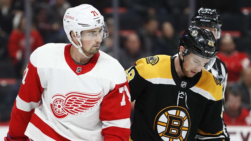 Detroit Red Wings' Dylan Larkin and Boston Bruins' Matt Grzelcyk