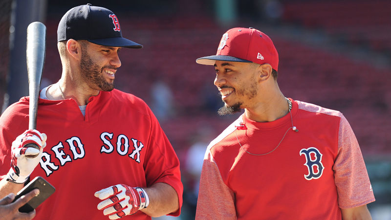 Boston Red Sox outfielders J.D. Martinez and Mookie Betts