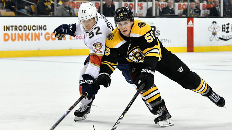 Florida Panthers defenseman MacKenzie Weegar and Boston Bruins forward Noel Acciari