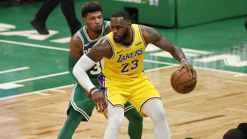 Boston Celtics guard Marcus Smart and Los Angeles Lakers forward LeBron James