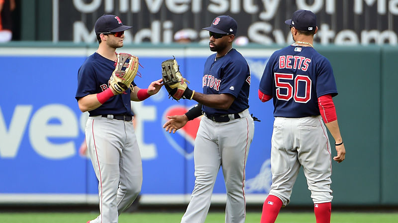 Boston Red Sox Outfielders Andrew Benintendi, Jackie Bradley Jr., Mookie Betts