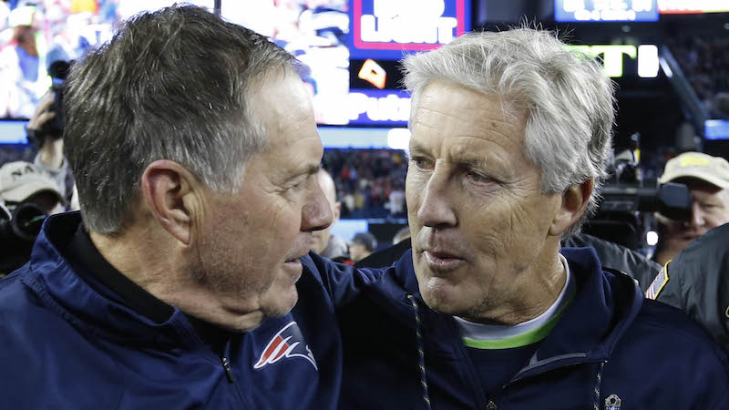 Patriots head coach Bill Belichick, Seahawks head coach Pete Carroll