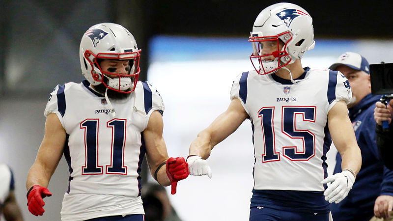 New England Patriots receiver Julian Edelman and Carolina Panthers receiver Chris Hogan
