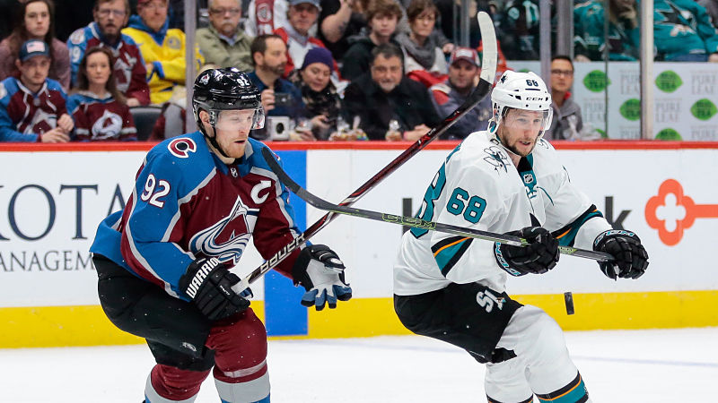 Colorado Avalanche forward Gabriel Landeskog and San Jose Sharks forward Melker Karlsson