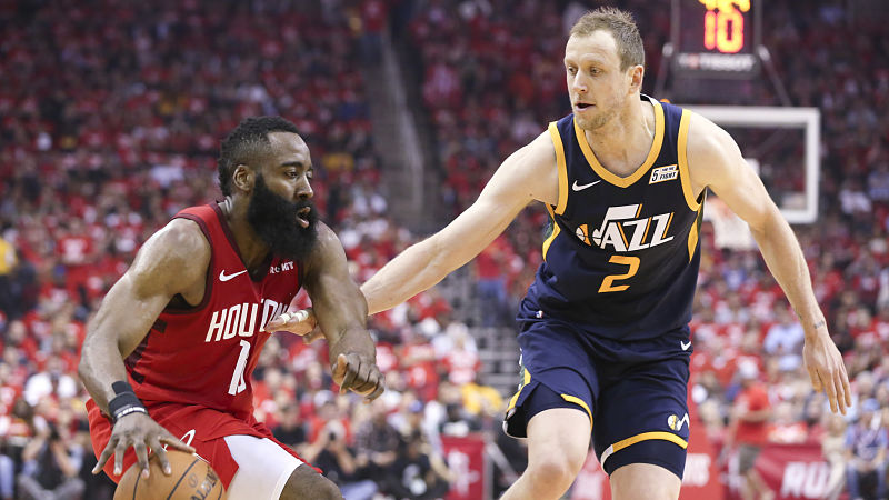 Houston Rockets guard James Harden and Utah Jazz forward Joe Ingles
