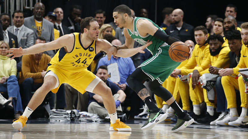 Boston Celtics forward Jayson Tatum and Indiana Pacers forward Bojan Bogdanovic