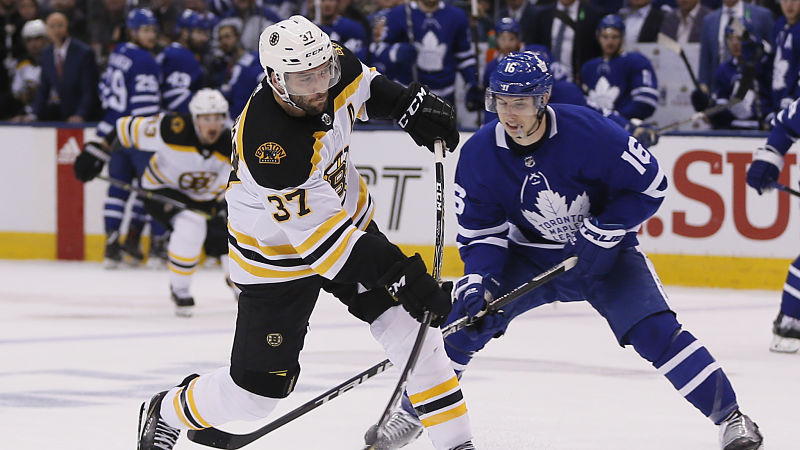 Boston Bruins center Patrice Bergeron, Toronto Maple Leafs winger Mitch Marner