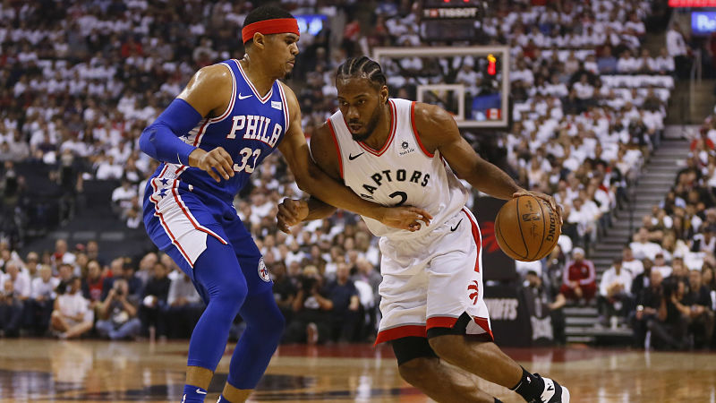 Philadelphia 76ers forward Tobias Harris and Toronto Raptors guard Kawhi Leonard