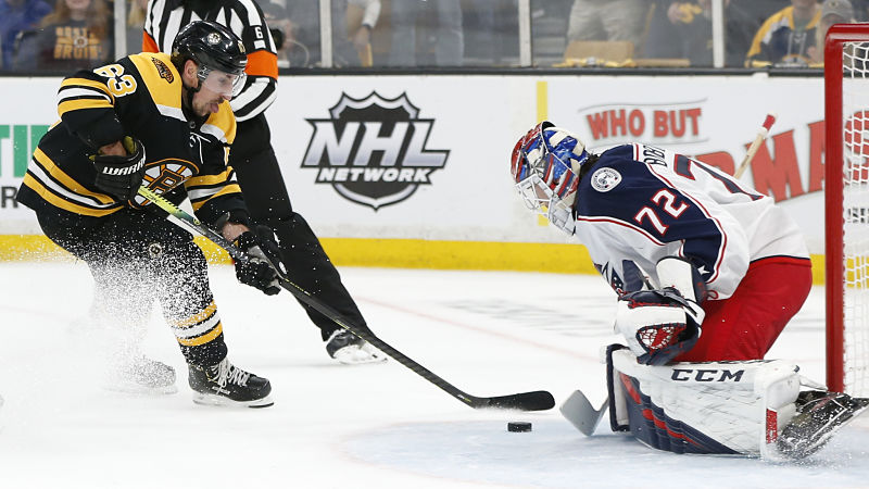 Boston Bruins forward Brad Marchand, Columbus Blue Jackets goalie Sergei Bobrovsky