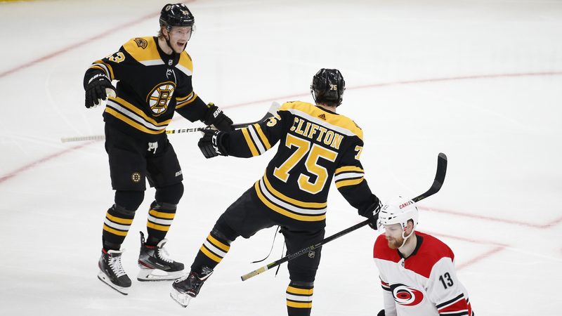 Boston Bruins' Connor Clifton And Danton Heinen