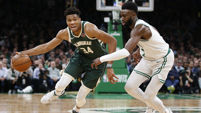 Milwaukee Bucks forward Giannis Antetokounmpo and Boston Celtics guard Jaylen Brown