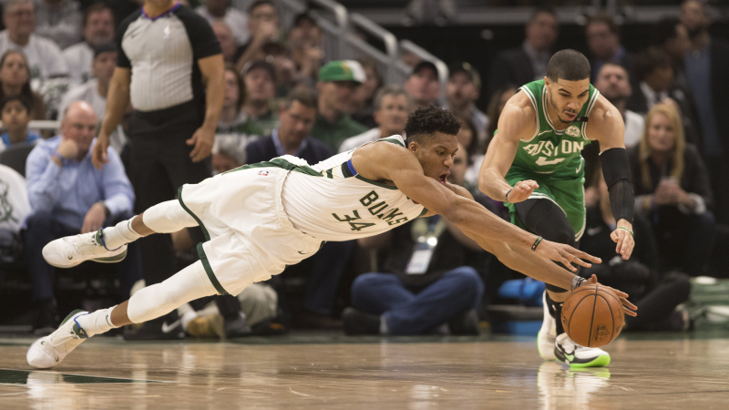 Milwaukee Bucks forward Giannis Antetokounmpo and Celtics guard Jayson Tatum