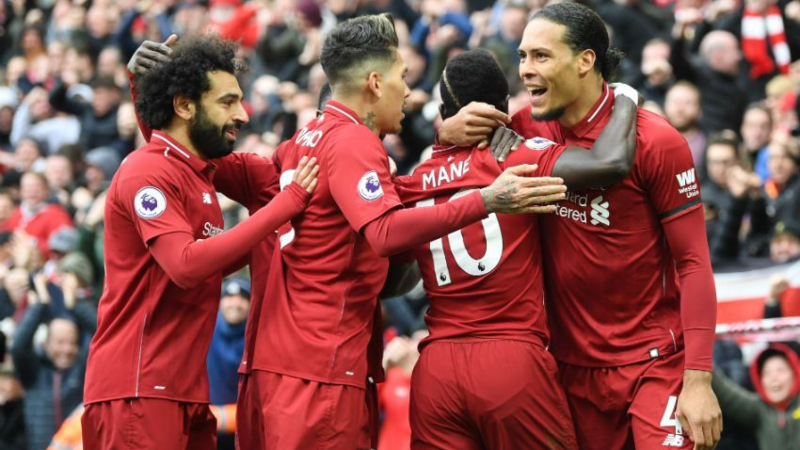 (from left to right) Liverpool's Mohamed Salah, Roberto Firmino, Sadio Mane, Virgil van Dijk