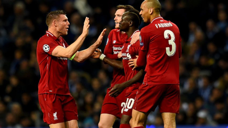 Liverpool's James Milner (left), Andy Robertson, Sadio Mane (10) and Fabinho (3)