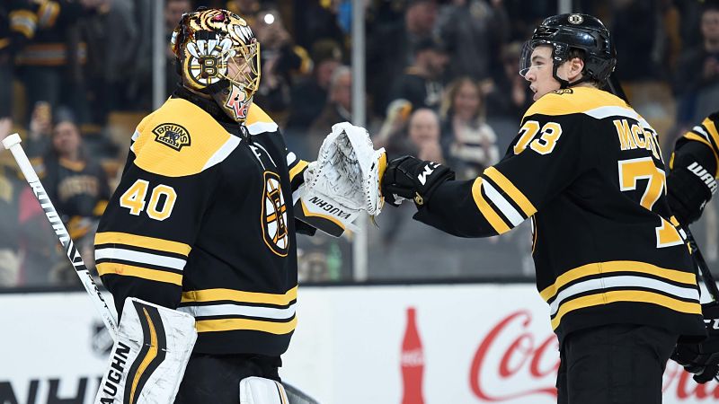 Boston Bruins goalie Tuukka Rask and defenseman Charlie McAvoy