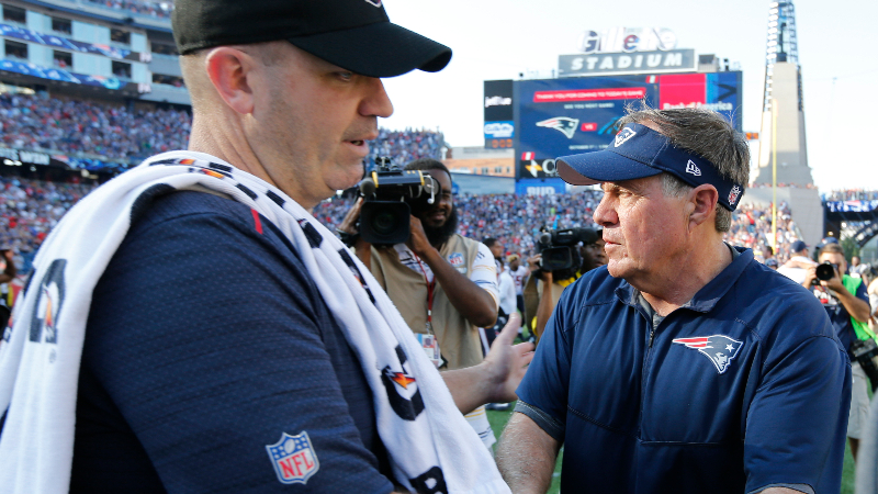 New England Patriots head coach Bill Belichick (right) and Houston Texans head coach Bill O'Brien