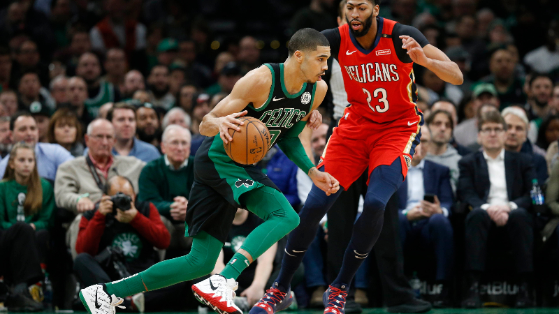 Boston Celtics forward Jayson Tatum (0) and ex-New Orleans Pelicans center Anthony Davis (23)