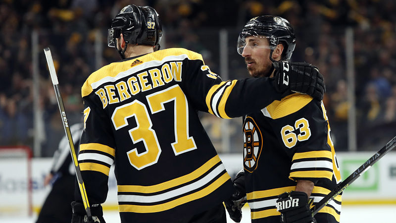 Boston Bruins forwards Patrice Bergeron and Brad Marchand