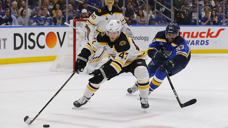 Boston Bruins defenseman Torey Krug and St. Louis Blues left wing David Perron
