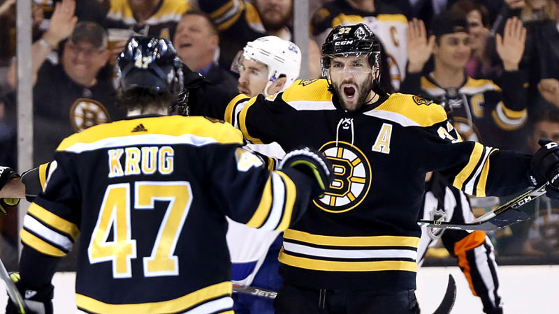Boston Bruins Torey Krug, Patrice Bergeron