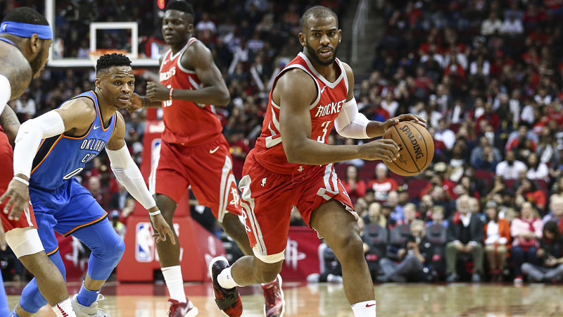 Houston Rockets guard Chris Paul and Oklahoma City Thunder guard Russell Westbrook