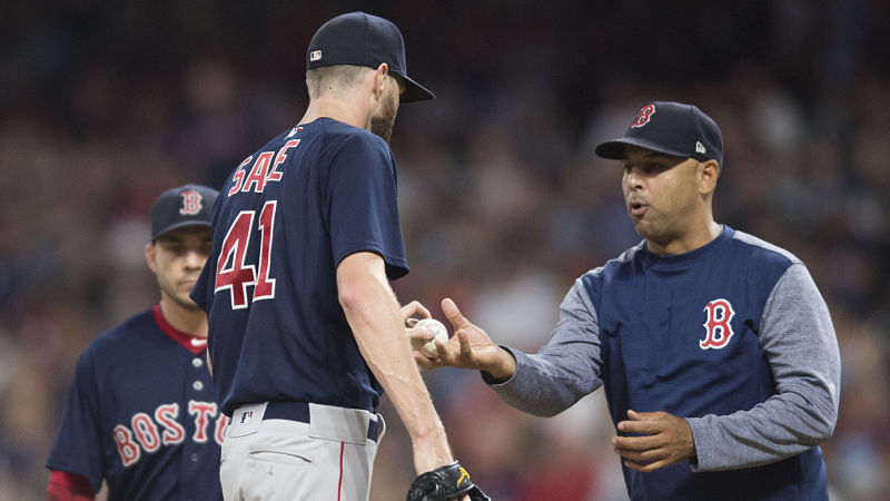 Boston Red Sox manager Alex Cora, pitcher Chris Sale