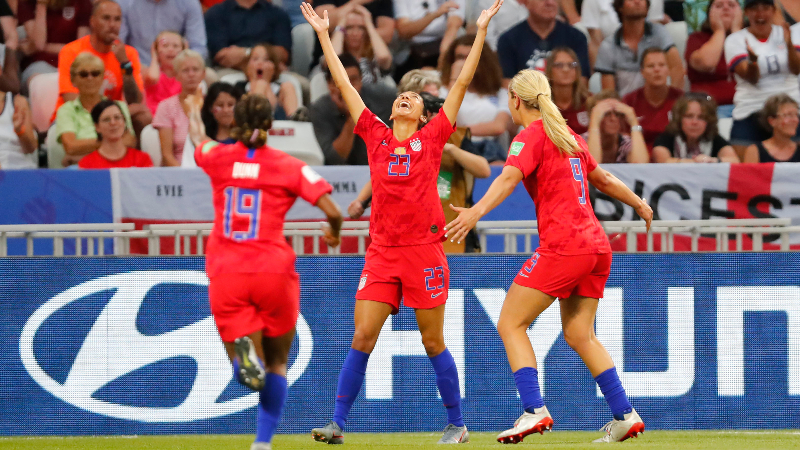 United States forward Christen Press (23) and teammates Lindsey Horan (9) and Crystal Dunn (19)