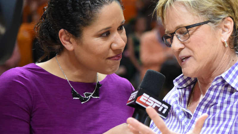 Boston Celtics assistant coach Kara Lawson (left) and Tennessee Lady Volunteers head coach Hooly Warlick