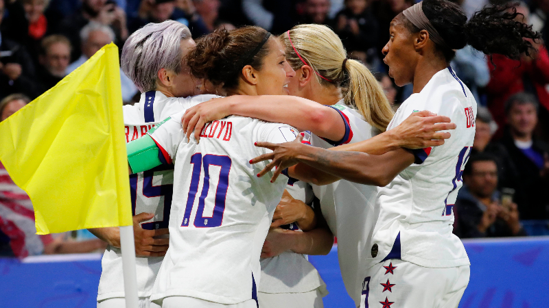United States' Megan Rapinoe, Carli Llyod, Lindsey Horan and Crystal Dunn