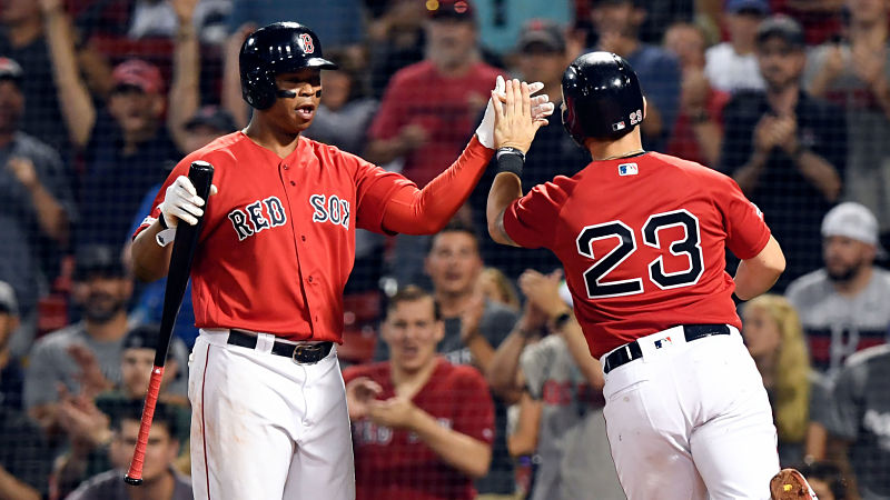 Boston Red Sox infielders Rafael Devers, Michael Chavis