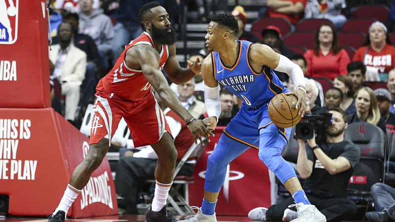 Oklahoma City Thunder guard Russell Westbrook and Houston Rockets guard James Harden