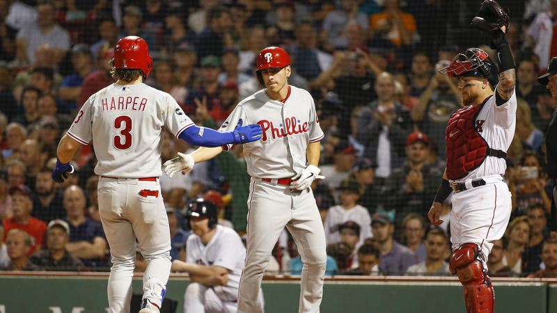 Philadelphia Phillies Right Fielder Bryce Harper And Center Fielder Adam Haseley And Boston Red Sox Catcher Christian Vazquez