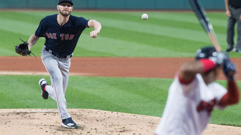 Boston Red Sox starting pitcher Chris Sale (41) and leveland Indians second baseman Jose Ramirez