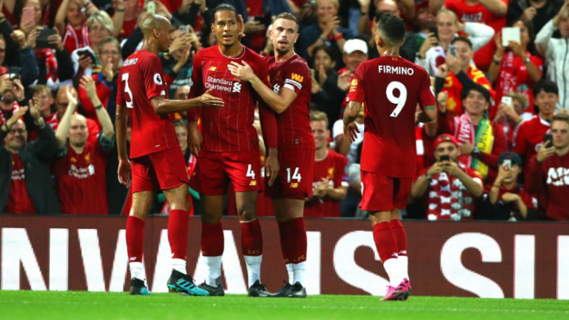 Liverpool's Fabinho (3), Virgil van Dijk (4), Jordan Henderson (14), Roberto Firmino (9)