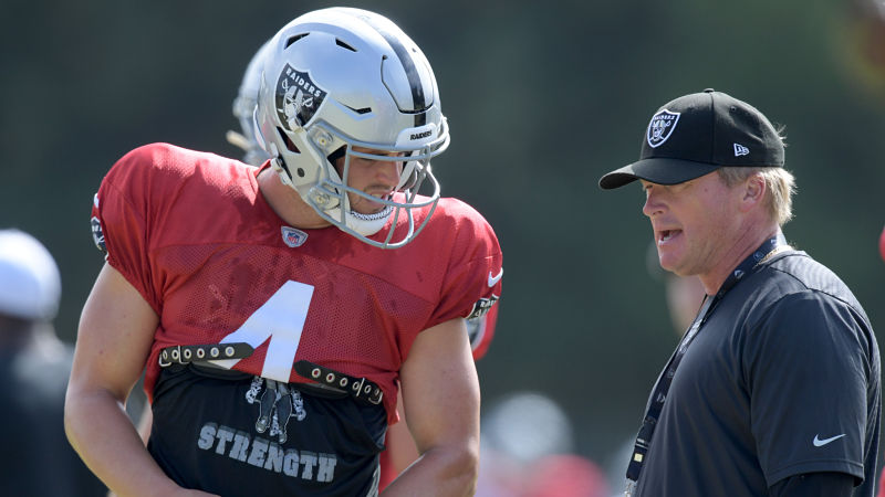 Oakland Raiders quarterback Derek Carr, coach Jon Gruden