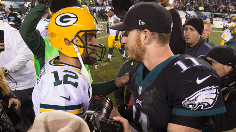 Green Bay Packers quarterback Aaron Rodgers and Philadelphia Eagles quarterback Carson Wentz