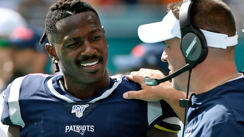 Patriots wide receiver Antonio Brown, offensive coordinator Josh McDaniels