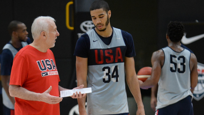 United States head coach Gregg Popovich (left) and forward Jayson Tatum