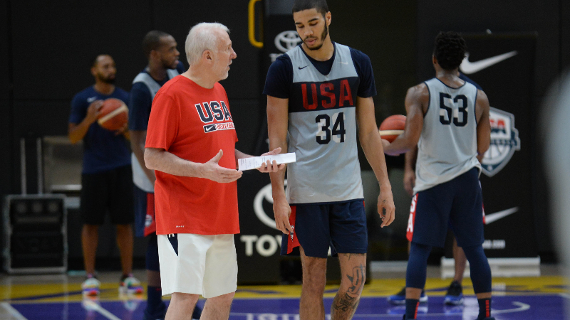United States head coach Gregg Popovich and forward Jayson Tatum