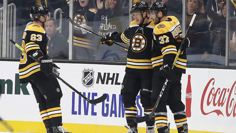 Boston Bruins' Brad Marchand, David Pastrnak And Patrice Bergeron