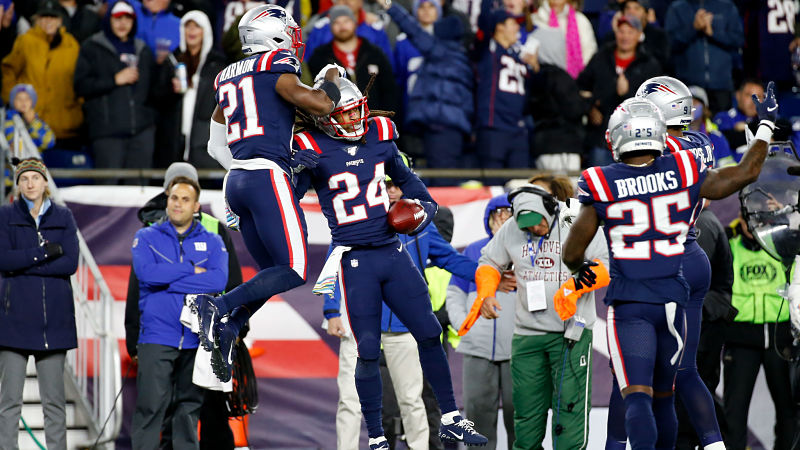 New England Patriots defensive backs Duron Harmon, Stephon Gilmore and Terrence Brooks