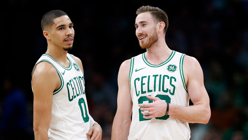 Boston Celtics forwards Jayson Tatum (left) and Gordon Hayward