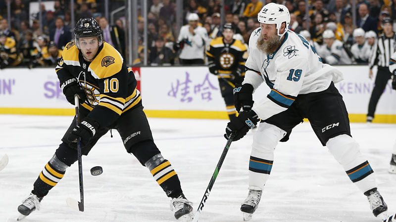 Boston Bruins left wing Anders Bjork and San Jose Sharks center Joe Thornton