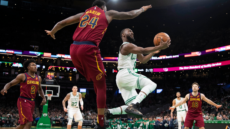 Boston Celtics guard Kemba Walker (8) and Cleveland Cavaliers forward Jarell Martin (24)