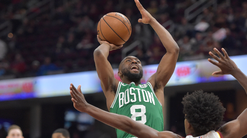 Boston Celtics guard Kemba Walker (8) and Cleveland Cavaliers guard Collin Sexton (2)