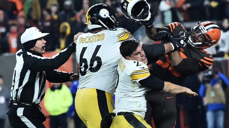 Cleveland Browns defensive end Myles Garrett (95) and Pittsburgh Steelers quarterback Mason Rudolph (2)