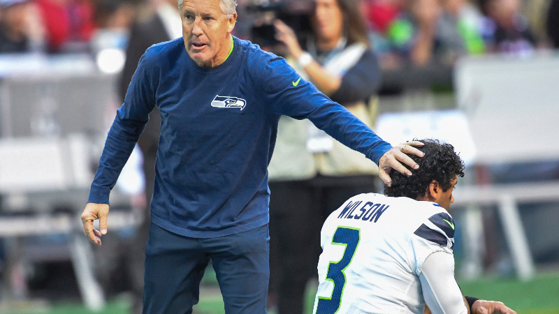 Seattle Seahawks head coach Pete Carroll and quarterback Russell Wilson (3)