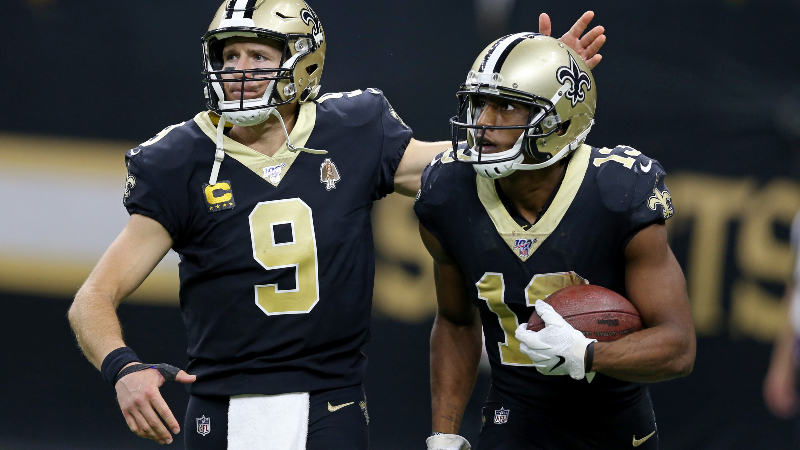 New Orleans Saints wide receiver Michael Thomas (13) and quarterback Drew Brees (9)