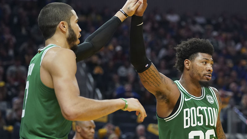 Boston Celtics players Marcus Smart and Jayson Tatum